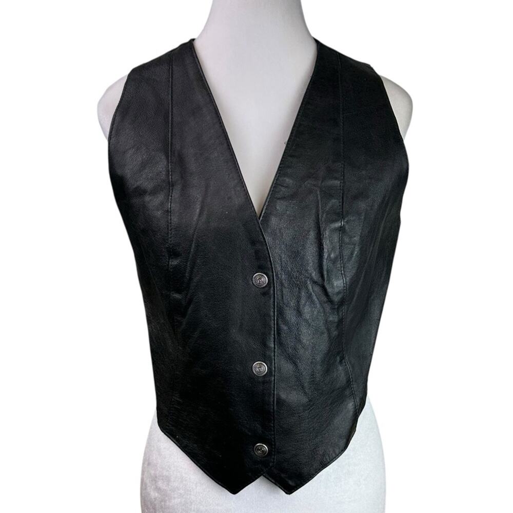 VTG Wilsons Black Leather Biker Motorcycle Vest Snap front Size Large